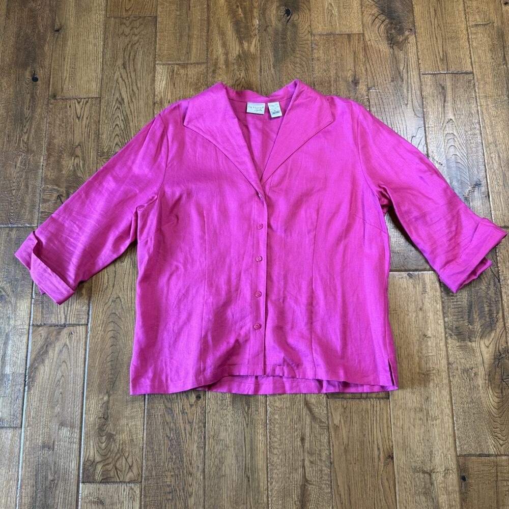 Kim Rogers Blouse 100% Linen Fucia Pink 3/4 Sleeve Button Up Shirt Womens Sz XL